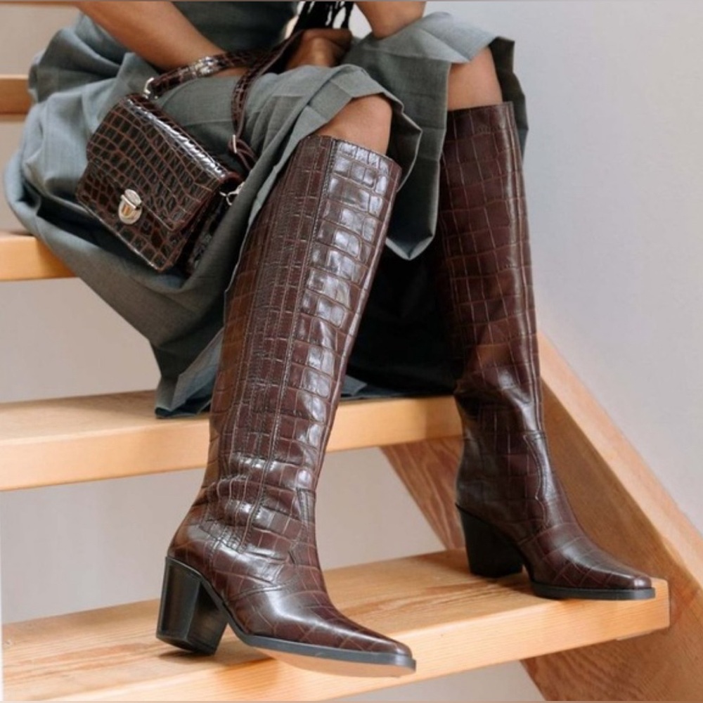 Macy's Brown Croc-Embossed Heeled Boots